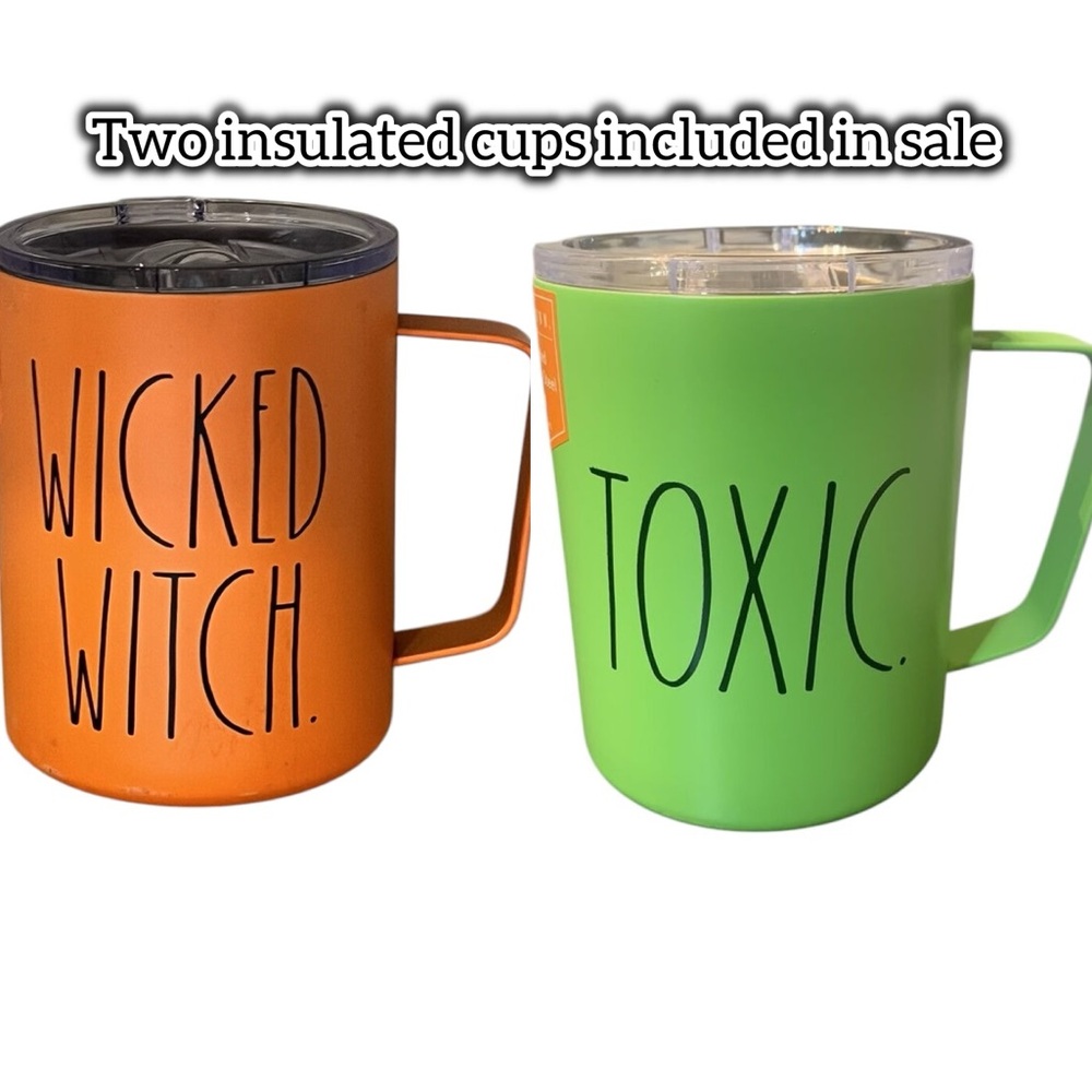 “Rae Dunn” Halloween Mug Set – TOXIC Green & WICKED WITCH Orange 12oz w/ Lids